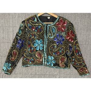 Vintage Gorgeous Maharani Beaded Sequined Multicolored Lined Silk Jacket Sz M